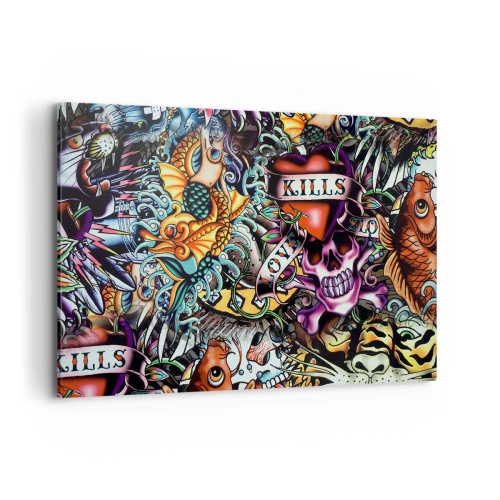 Impression sur toile - Image sur toile - Œuvre d'art colorée de style tatouage avec des crânes et des motifs nautiques - 120x80cm - Le rêve du tatoueur - Décoration murale moderne pour le salon et la chambre ARTTOR