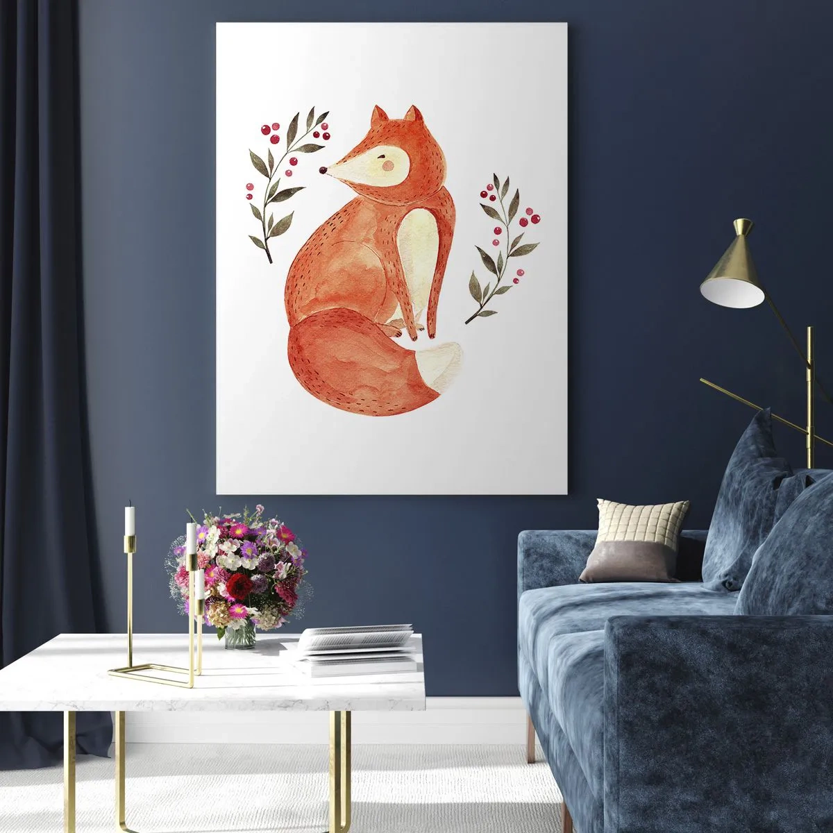 Impression sur verre - Image sur verre - Adorable renard aquarelle avec des brindilles et des baies - 50x70cm - Petit rouquin - Décoration murale moderne pour le salon et la chambre ARTTOR