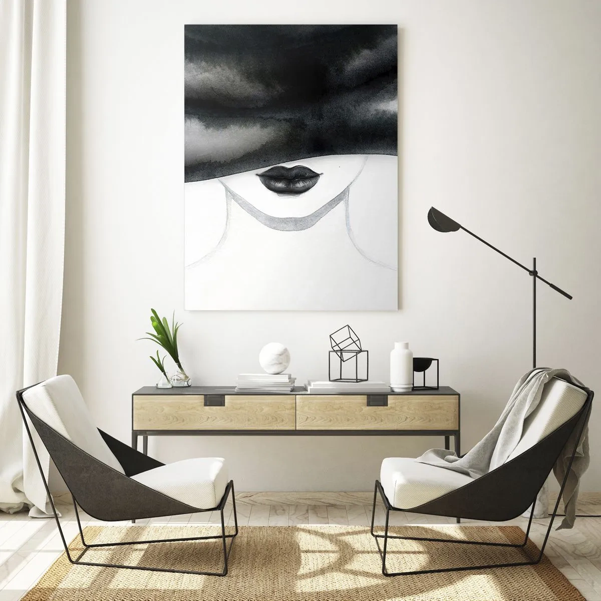 Impression sur verre - Image sur verre - Visage mystérieux aux yeux couverts à l'aquarelle noir et blanc - 50x70cm - Un mystère sensuel - Décoration murale moderne pour le salon et la chambre ARTTOR