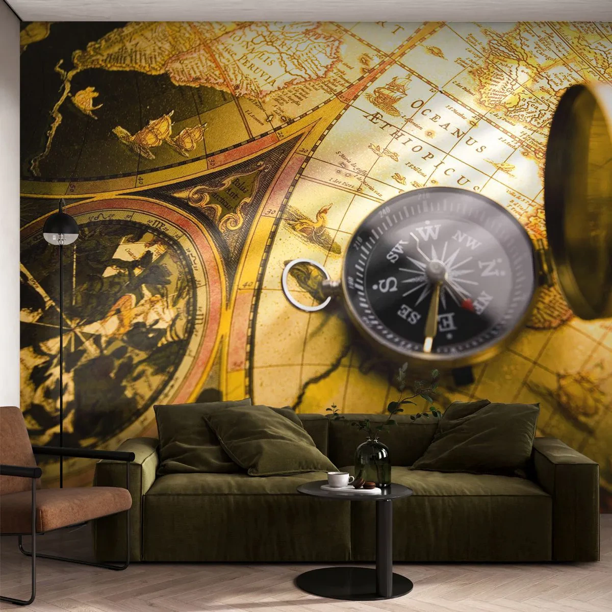 Papier Peint Photo Premium Sand - Ou peut-être jusqu'au bout du monde ? - Voyages, Cartes du monde, Boussole - 200x140 cm