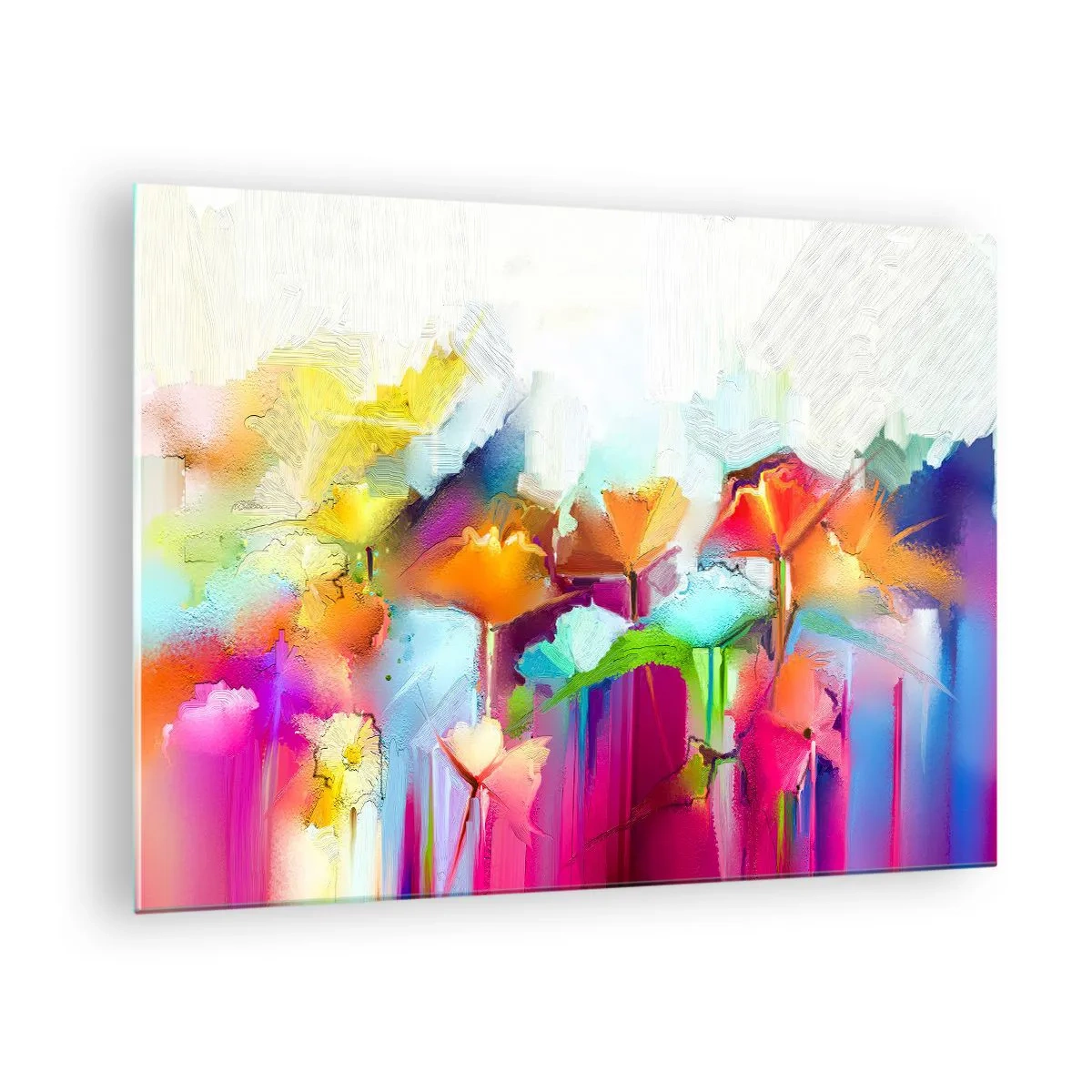 Impression sur verre - Image sur verre - Fleurs abstraites aux couleurs intenses de l'arc-en-ciel - 70x50cm - L'arc-en-ciel s'est épanoui - Décoration murale moderne pour le salon et la chambre ARTTOR