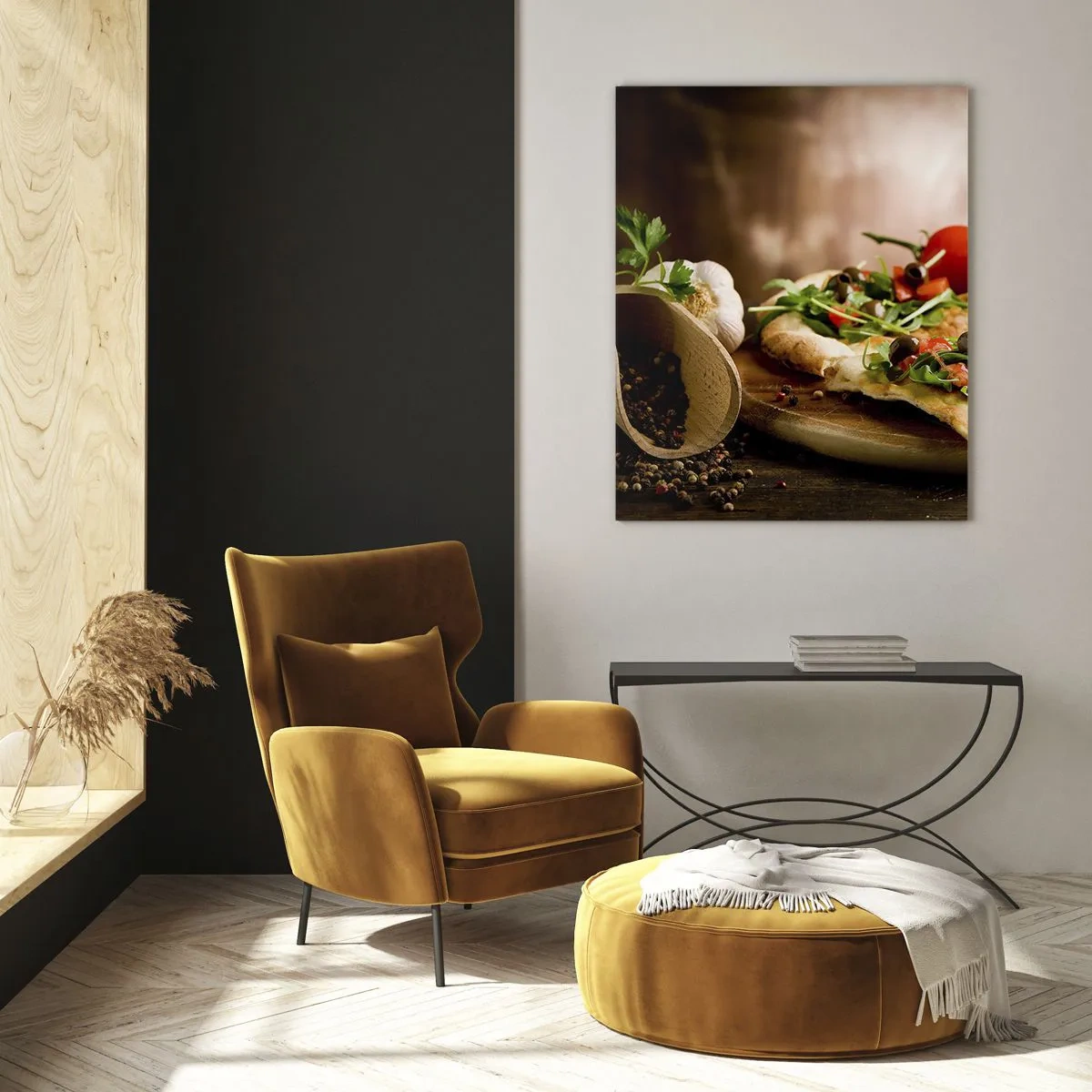 Impression sur verre - Image sur verre - Pizza sur une planche de bois avec roquette et tomates - 50x70cm - Directement du four et du jardin - Décoration murale moderne pour le salon et la chambre ARTTOR