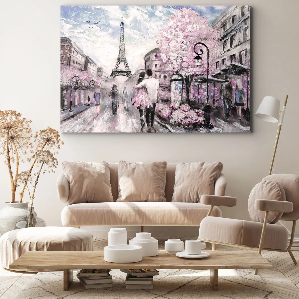 Impression sur toile - Image sur toile - Une promenade romantique à Paris près de la Tour Eiffel - 120x80cm - Comment tomber amoureu, il faut juste... - Décoration murale moderne pour le salon et la chambre ARTTOR