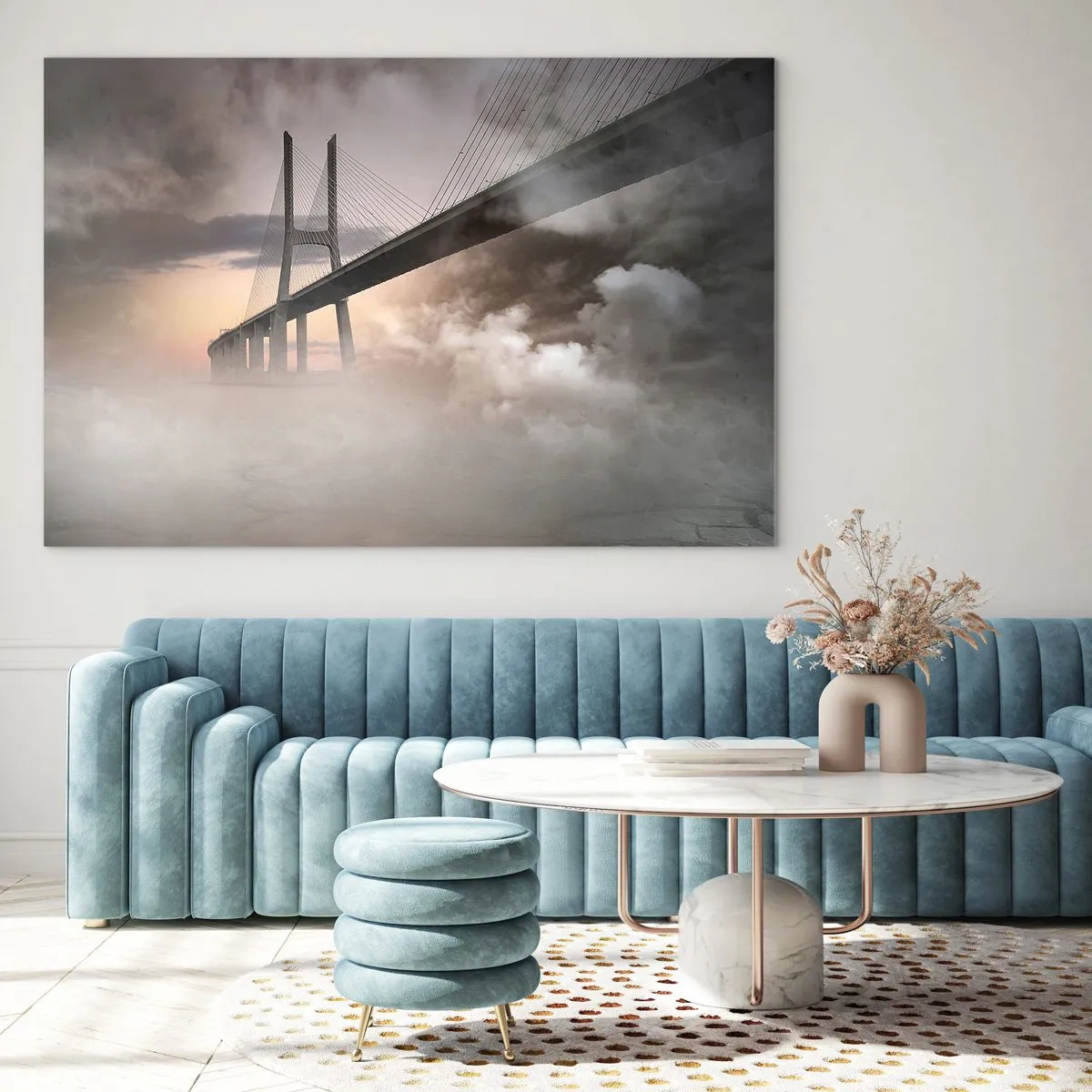 Impression sur verre - Image sur verre - Un pont dans le brouillard avec un ciel dramatique et une perspective en profondeur - 70x50cm - Sur la rivière qui n'existe pas - Décoration murale moderne pour le salon et la chambre ARTTOR