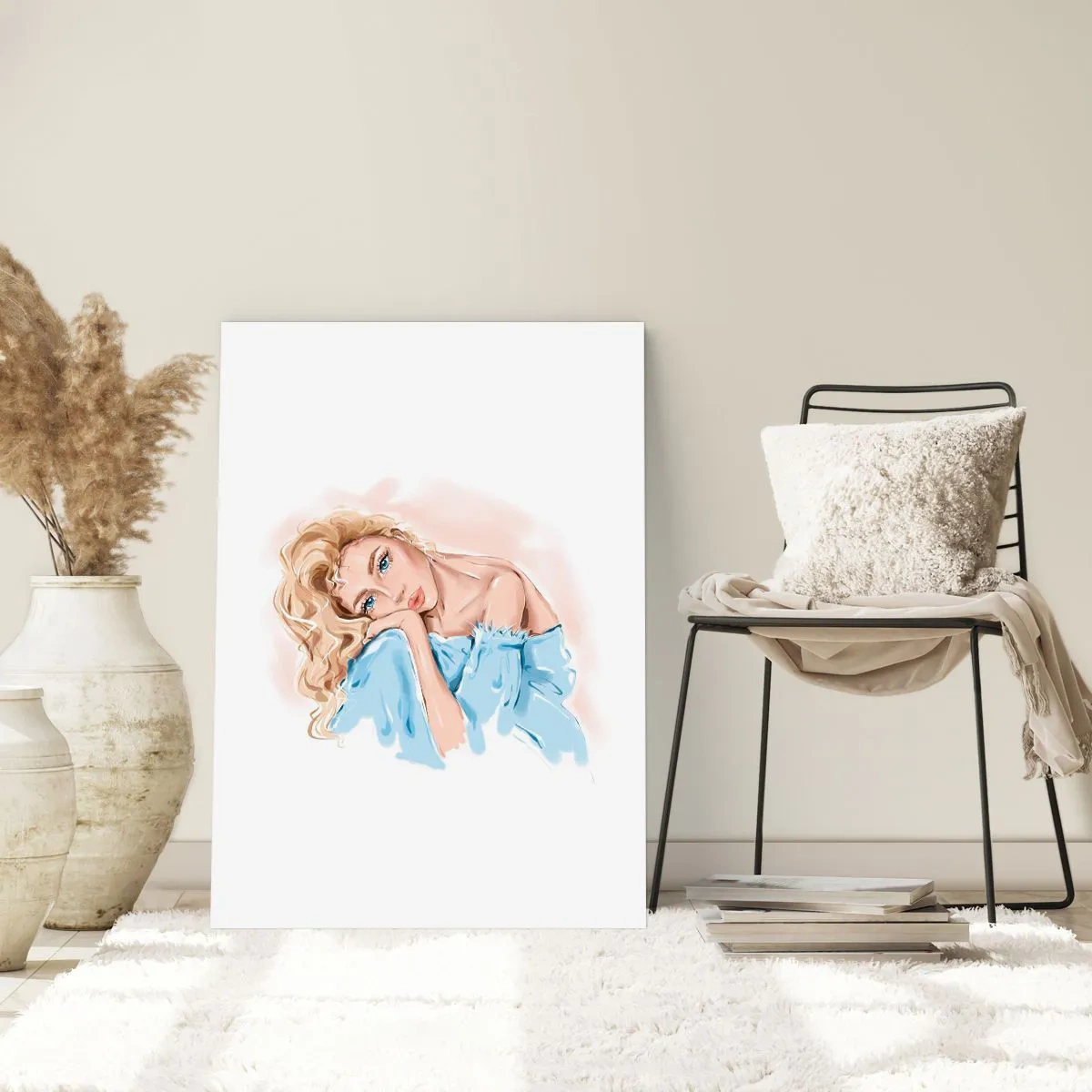 Affiche - Poster - Un portrait subtil d'une femme aux couleurs délicates - 50x70cm - Rêveuse en bleu - Décoration murale moderne pour le salon et la chambre ARTTOR