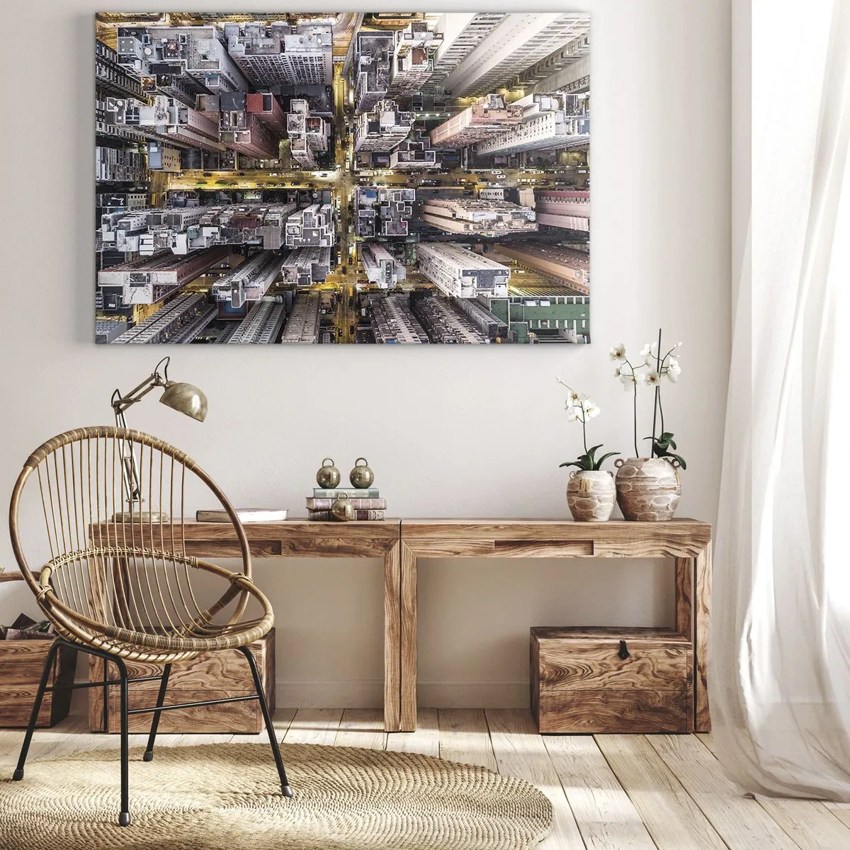 Impression sur toile - Image sur toile - Une vue plongeante sur une ville pleine de gratte-ciels - 70x50cm - Salutations de Hong-Kong - Décoration murale moderne pour le salon et la chambre ARTTOR