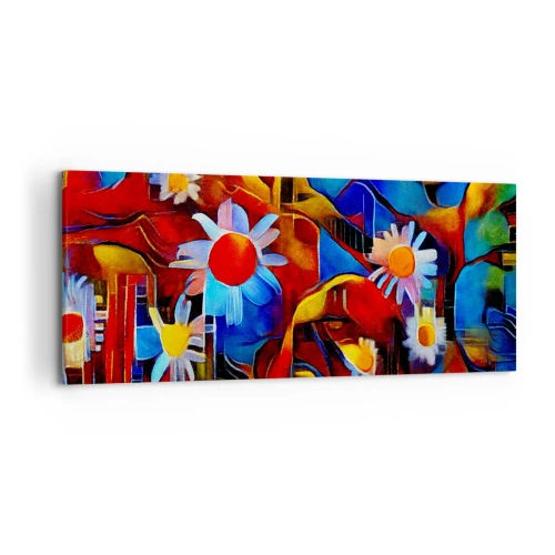 Impression sur toile - Image sur toile - Fleurs abstraites sur fond de motifs géométriques - 120x50cm - Les couleurs de la vie - Décoration murale moderne pour le salon et la chambre ARTTOR