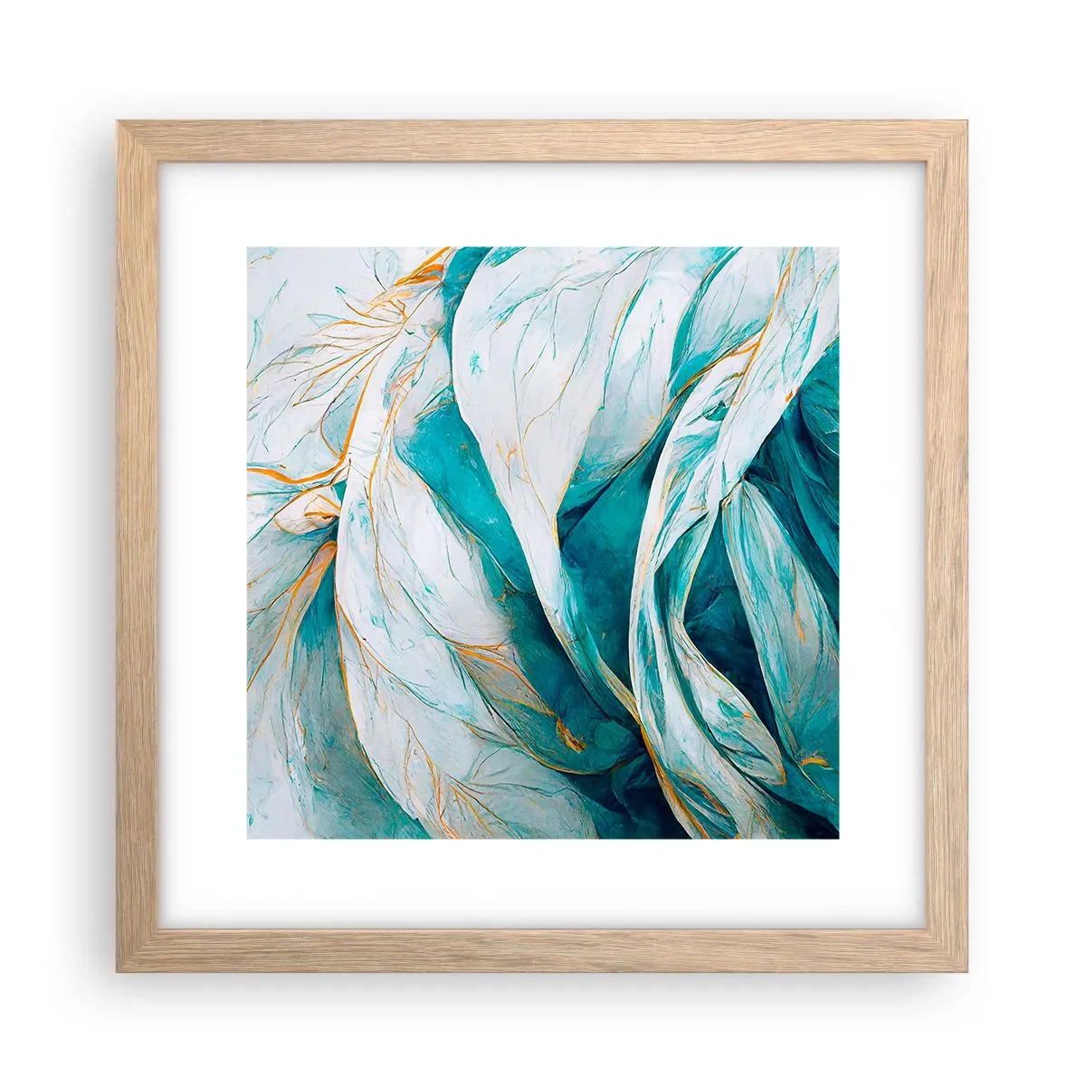 Affiche dans un chêne clair - Poster - Abstraction bleue avec un motif doré - 30x30 cm