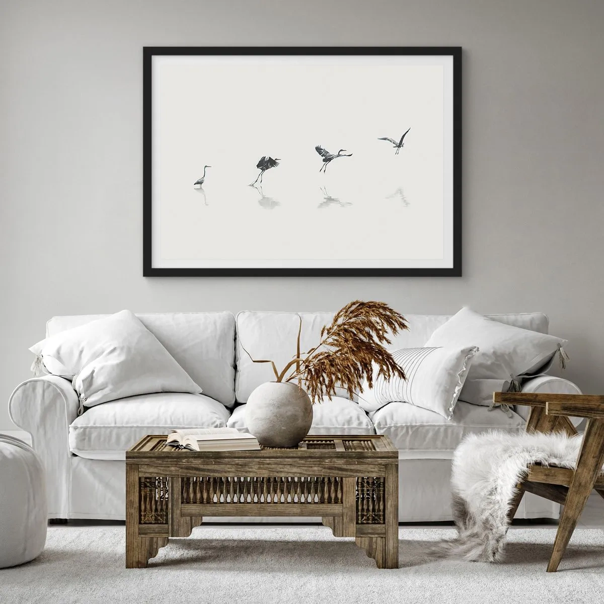 Affiche dans un cadre noir - Poster - Quatre silhouettes d'oiseaux se reflètent dans l'eau calme - 70x50cm - Quatre étapes simples - Décoration murale moderne pour le salon et la chambre ARTTOR