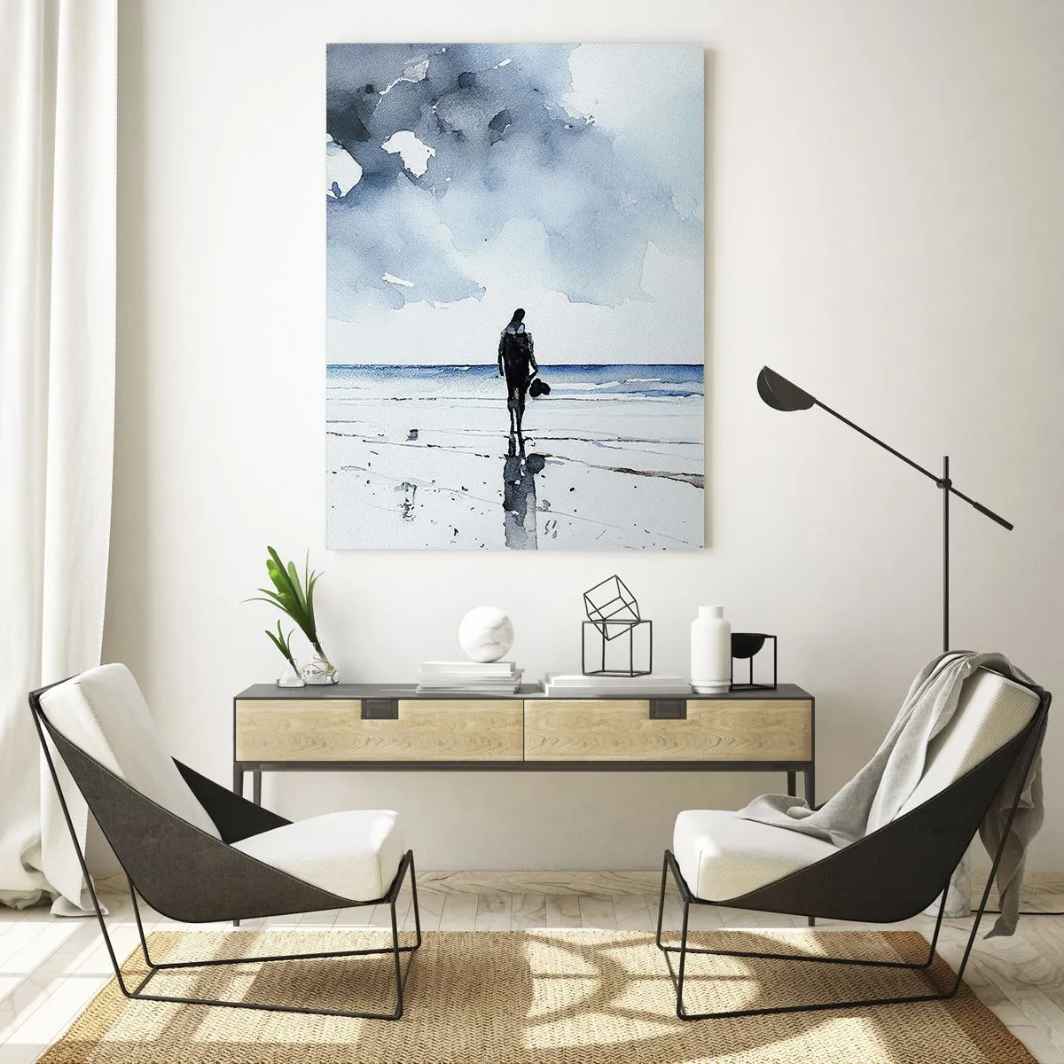 Impression sur verre - Image sur verre - Silhouette d'une personne au bord de la mer dans une aquarelle délicate - 50x70cm - Conversation avec la mer - Décoration murale moderne pour le salon et la chambre ARTTOR