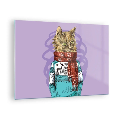 Impression sur verre - Image sur verre - Un chat en pull et écharpe sur fond violet - 70x50cm - Le chat, pas uniquement dans les chaussures - Décoration murale moderne pour le salon et la chambre ARTTOR