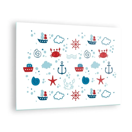 Impression sur verre - Image sur verre - Motifs nautiques avec crabes, ancres et navires - 70x50cm - Conte de fées de la mer - Décoration murale moderne pour le salon et la chambre ARTTOR