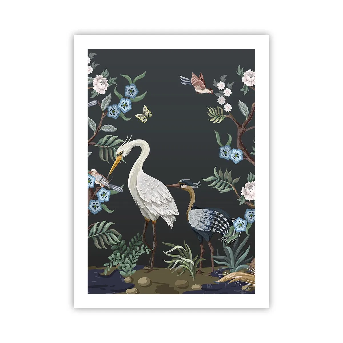 Affiche - Poster - Illustration d'oiseaux parmi des fleurs sur fond sombre - 50x70cm - Parade d'oiseaux - Décoration murale moderne pour le salon et la chambre ARTTOR