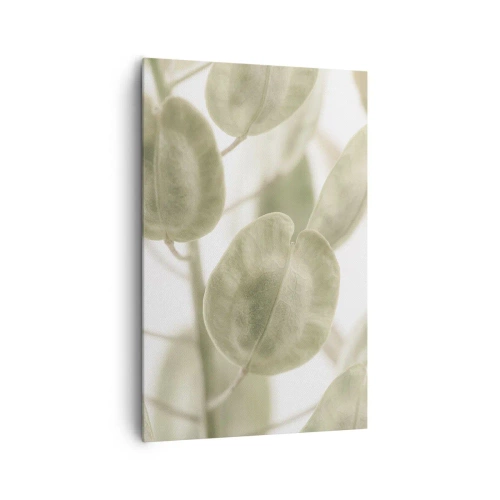 Impression sur toile - Image sur toile - Une peinture délicate de feuilles dans des tons pastel de vert sur un fond clair. - 80x120cm - Au commencement il y avait des feuilles... - Décoration murale moderne pour le salon et la chambre ARTTOR