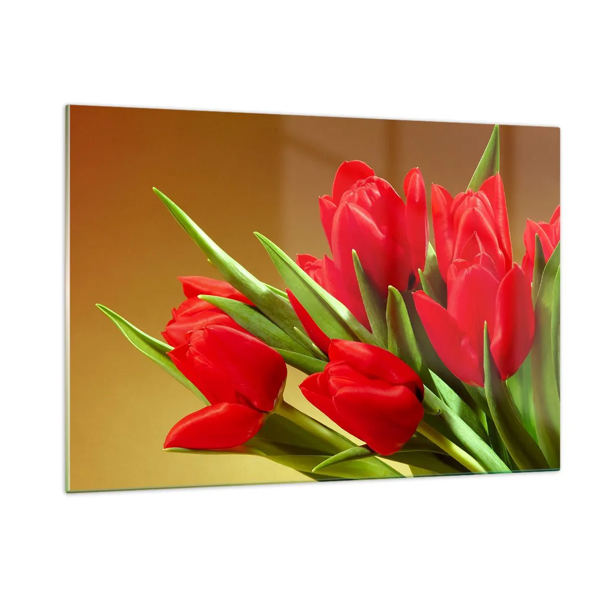 Impression sur verre - Image sur verre - Un bouquet de tulipes rouges sur fond doré - 120x80cm - Amas de joie printanière - Décoration murale moderne pour le salon et la chambre ARTTOR