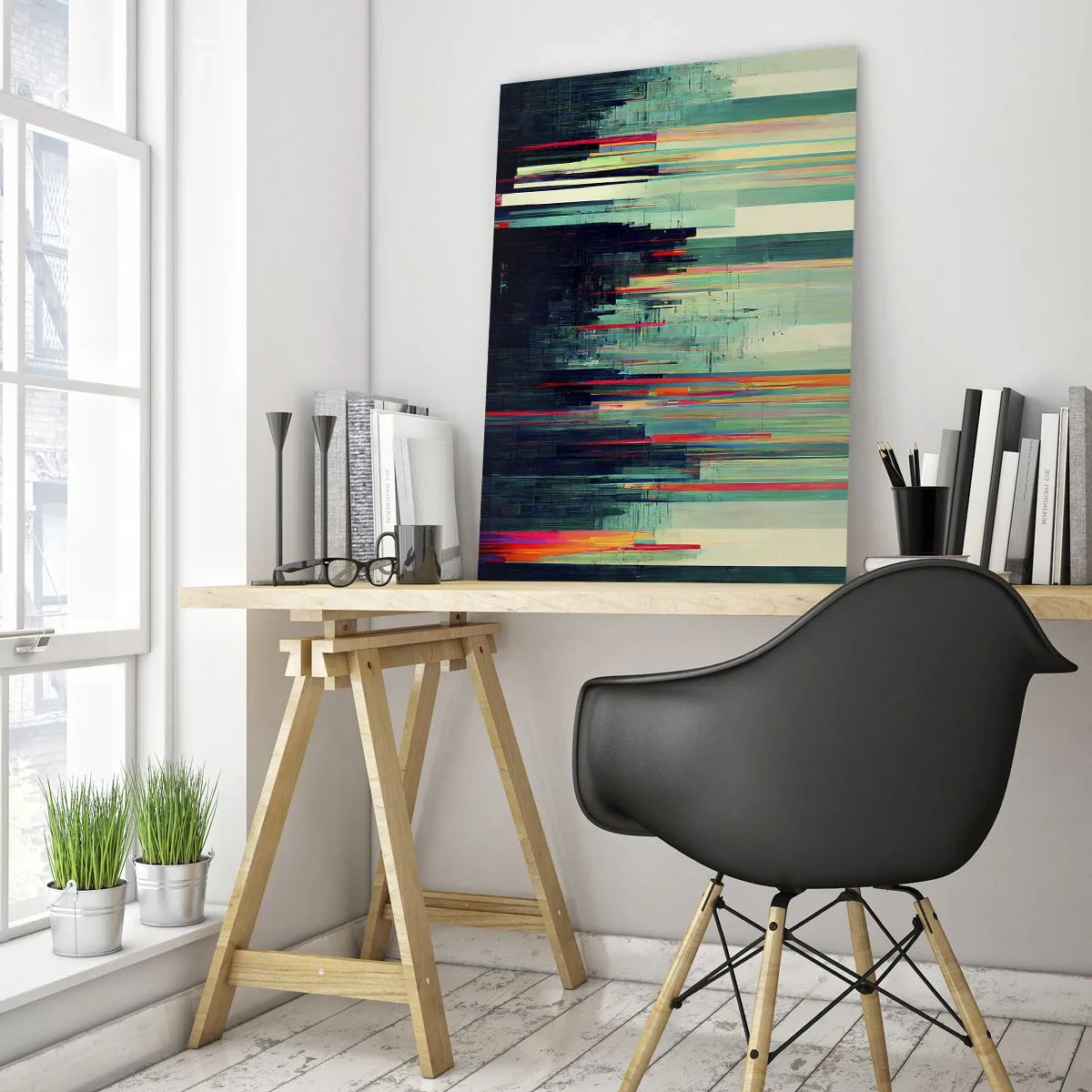 Impression sur verre - Image sur verre - Abstraction avec des lignes verticales et un horizon urbain - 70x100cm - Ville futuriste - Décoration murale moderne pour le salon et la chambre ARTTOR
