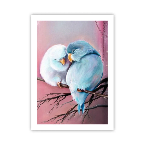 Affiche - Poster - Deux oiseaux assis sur une branche dans un cadre romantique - 50x70cm - Que dire de plus?... - Décoration murale moderne pour le salon et la chambre ARTTOR