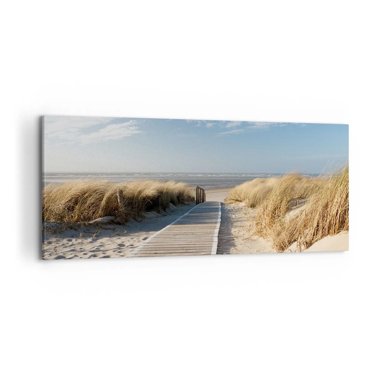 Impression sur toile - Image sur toile - Un chemin en bois mène à travers les dunes jusqu'à la mer calme - 120x50cm - Derrière la dune, dans le bruissement de l'herbe - Décoration murale moderne pour le salon et la chambre ARTTOR