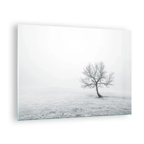 Impression sur verre - Image sur verre - Un arbre solitaire contre le brouillard dans une composition monochrome - 70x50cm - Contre le néant - Décoration murale moderne pour le salon et la chambre ARTTOR