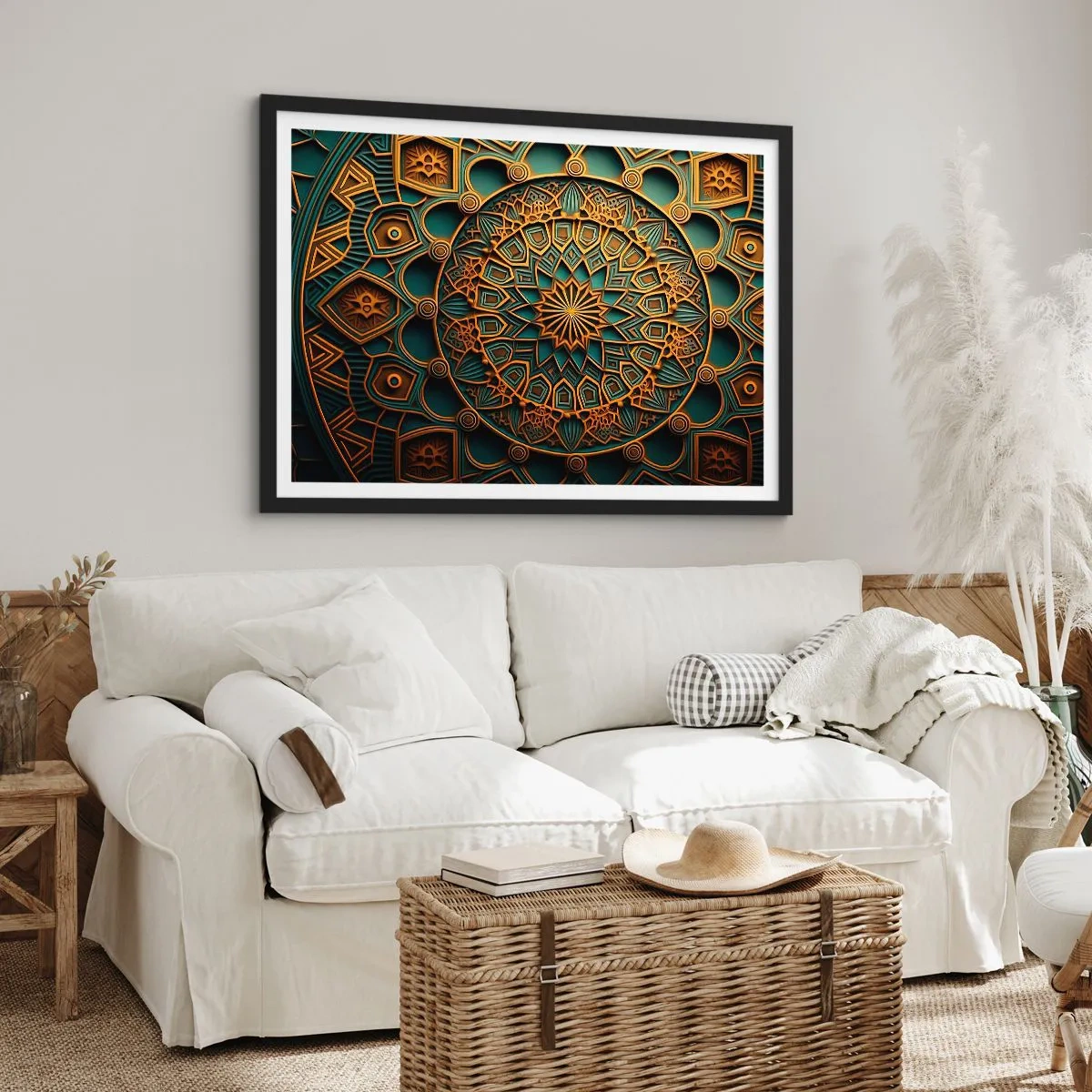 Affiche dans un cadre noir - Poster - Un mandala doré sur fond turquoise avec des détails riches. - 100x70cm - Dans une ambiance arabe - Décoration murale moderne pour le salon et la chambre ARTTOR