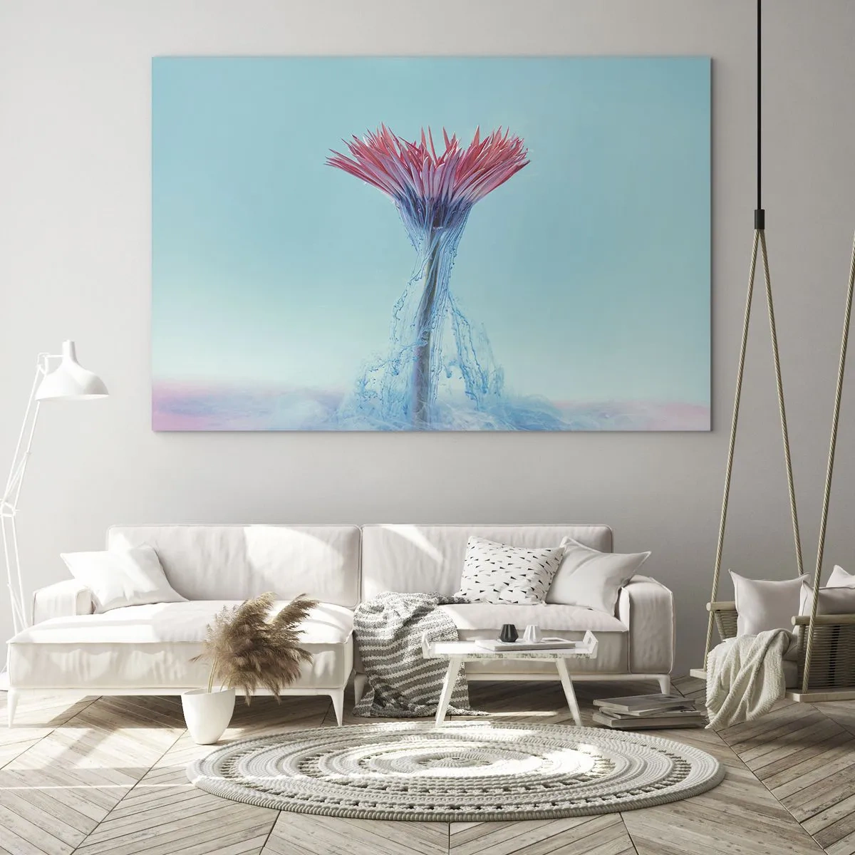 Impression sur verre - Image sur verre - Une fleur fantaisiste plongée dans une brume bleue et rose - 120x80cm - Dans une étreinte vivifiante - Décoration murale moderne pour le salon et la chambre ARTTOR
