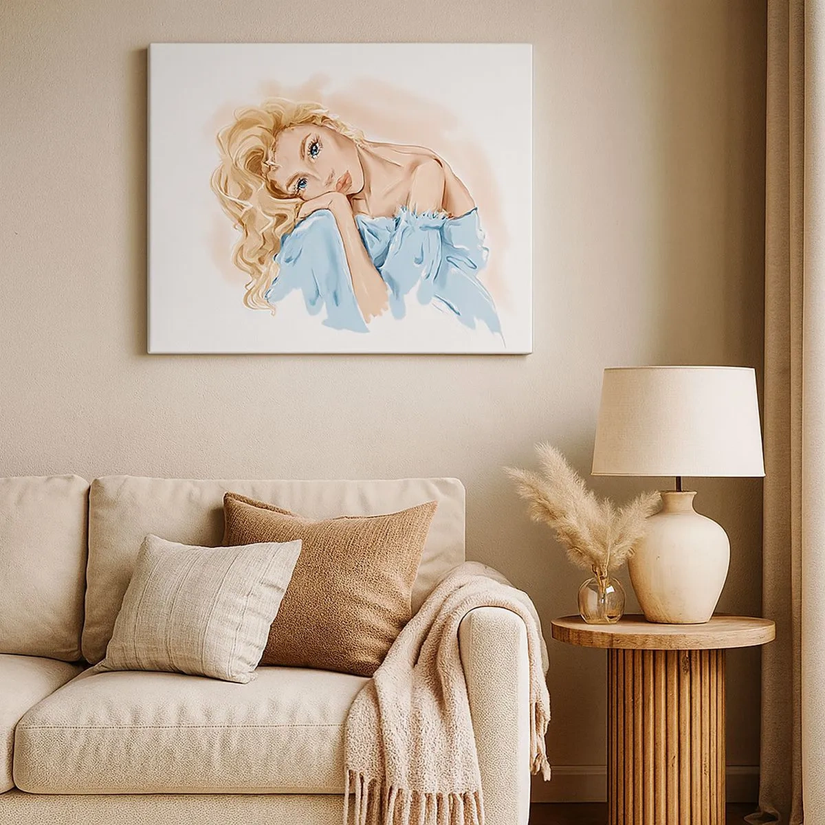 Impression sur toile - Image sur toile - Portrait d'une femme en robe bleue aux cheveux blonds - 70x50cm - Rêveuse en bleu - Décoration murale moderne pour le salon et la chambre ARTTOR