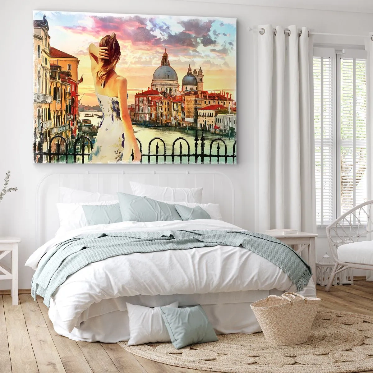 Impression sur toile - Image sur toile - Une femme admirant le paysage pittoresque au bord du canal - 120x80cm - Pour une aventure c'est uniquement dans ... - Décoration murale moderne pour le salon et la chambre ARTTOR
