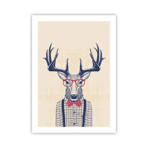 Affiche - Poster - Cerf élégant avec des lunettes et un nœud papillon sur fond beige - 50x70cm - Une extravagance amusante - Décoration murale moderne pour le salon et la chambre ARTTOR