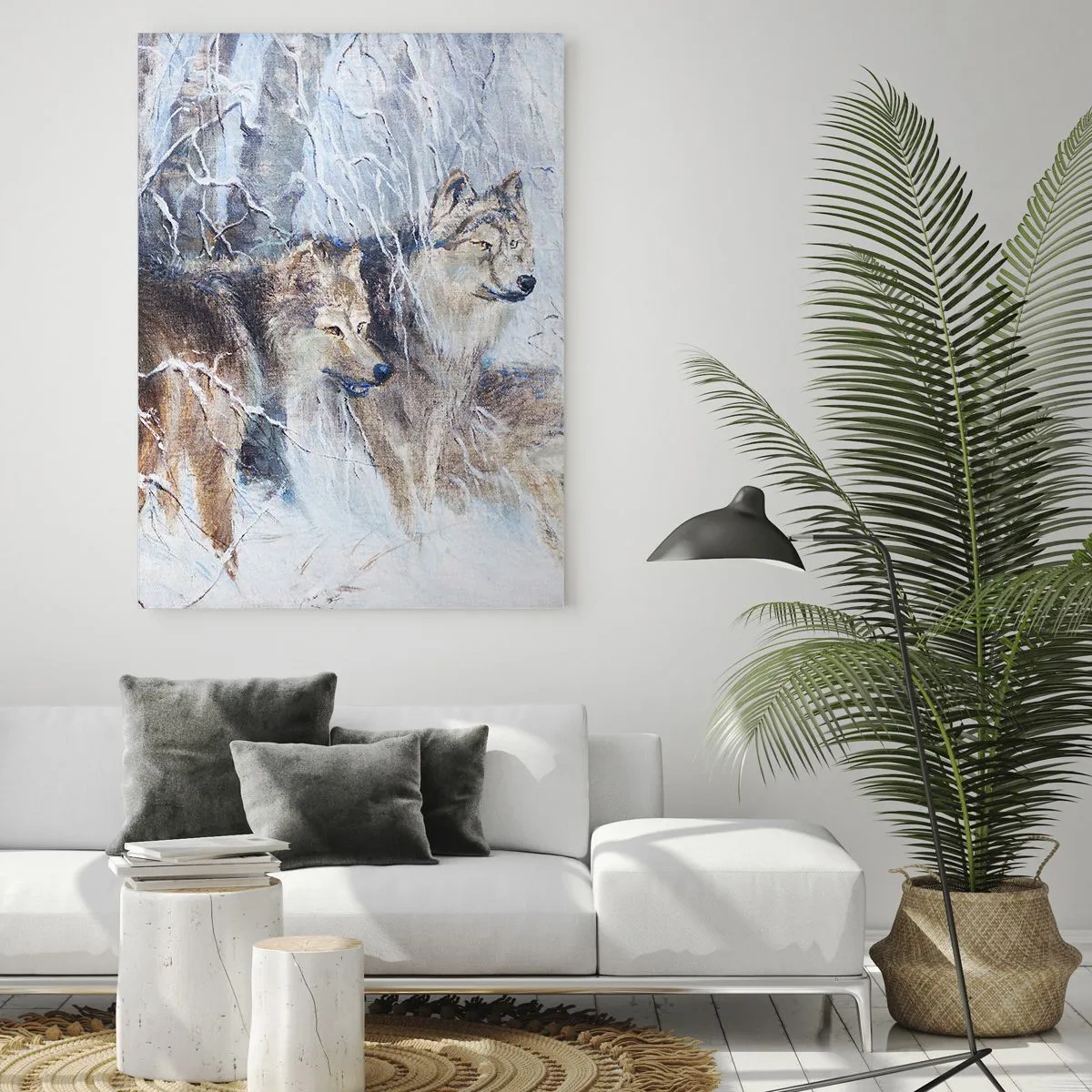 Impression sur verre - Image sur verre - Trois loups dans une forêt hivernale entourée de neige - 50x70cm - Attention! Ca arrive ... - Décoration murale moderne pour le salon et la chambre ARTTOR