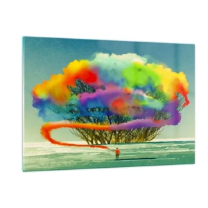 Impression sur verre - Image sur verre - Une explosion de fumée colorée sur fond d'arbre solitaire. - 120x80cm - Donner vie à ce monde - Décoration murale moderne pour le salon et la chambre ARTTOR