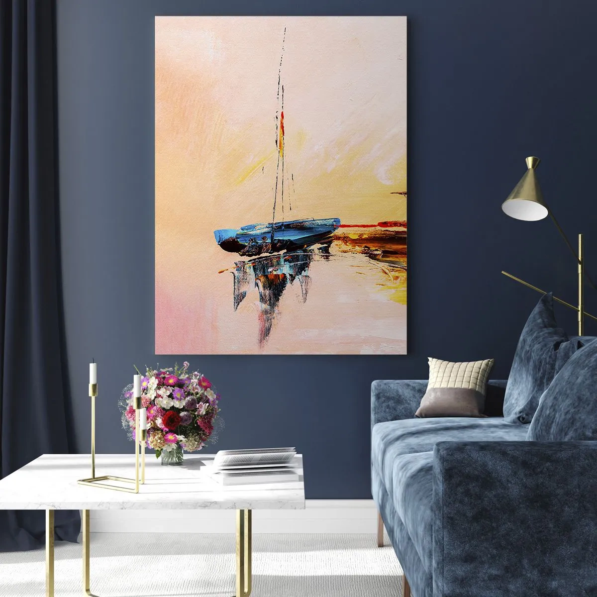 Impression sur verre - Image sur verre - Bateaux colorés amarrés sur fond de coucher de soleil impressionniste - 50x70cm - Soirée à la marina - Décoration murale moderne pour le salon et la chambre ARTTOR