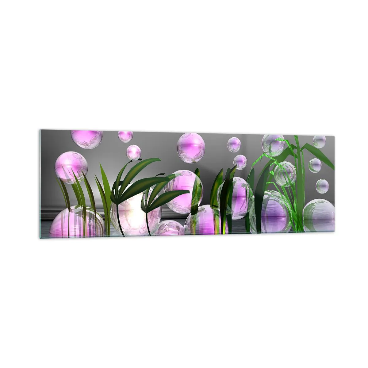 Impression sur verre - Image sur verre - Feuilles vertes et bulles roses au-dessus de l'eau sur fond gris - 160x50cm - Une composition réfléchissante de légèreté et de vie - Décoration murale moderne pour le salon et la chambre ARTTOR