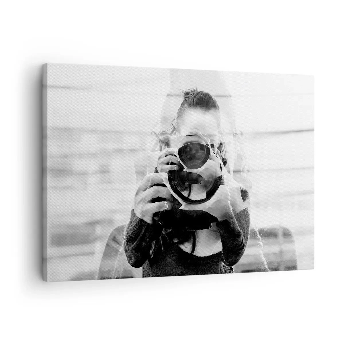 Impression sur toile - Image sur toile - Portrait en double exposition noir et blanc d'un photographe - 70x50cm - Créateur et matériel - Décoration murale moderne pour le salon et la chambre ARTTOR