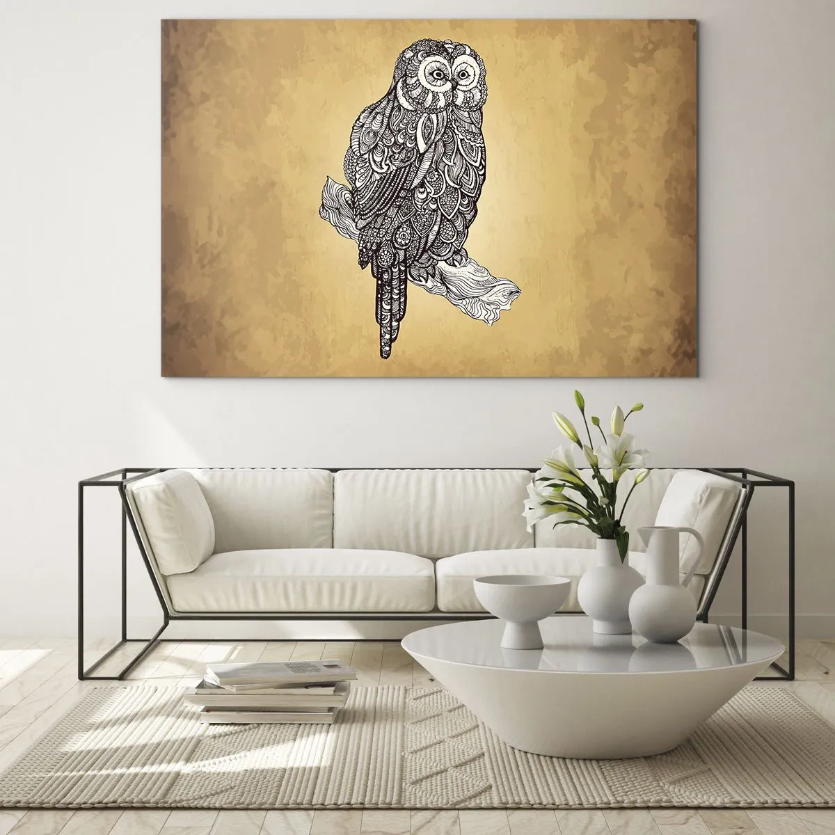 Impression sur verre - Image sur verre - Chouette de style ornemental sur fond sépia - 120x80cm - Ornements complexes de sagesse - Décoration murale moderne pour le salon et la chambre ARTTOR