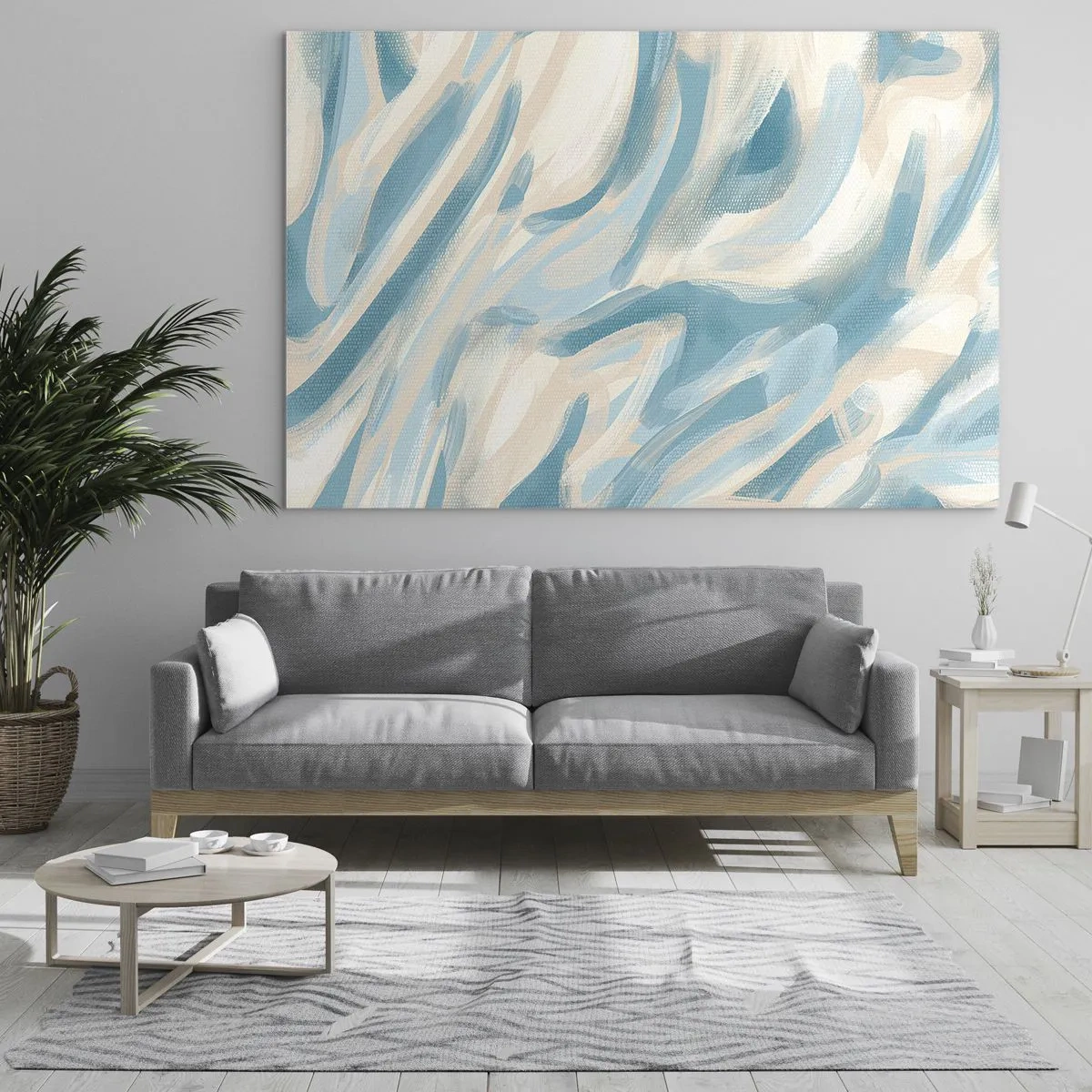 Impression sur verre - Image sur verre - Coups de pinceau abstraits aux couleurs bleues et crème. - 100x70cm - Brise printanière - Décoration murale moderne pour le salon et la chambre ARTTOR