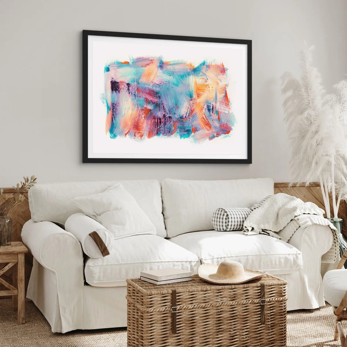 Affiche dans un cadre noir - Poster - Coups de pinceau colorés dans une composition abstraite - 100x70cm - Un désordre coloré - Décoration murale moderne pour le salon et la chambre ARTTOR