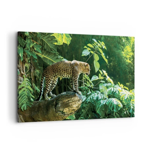 Impression sur toile - Image sur toile - Un léopard debout sur un rocher entouré de végétation tropicale - 120x80cm - À la chasse? - Décoration murale moderne pour le salon et la chambre ARTTOR
