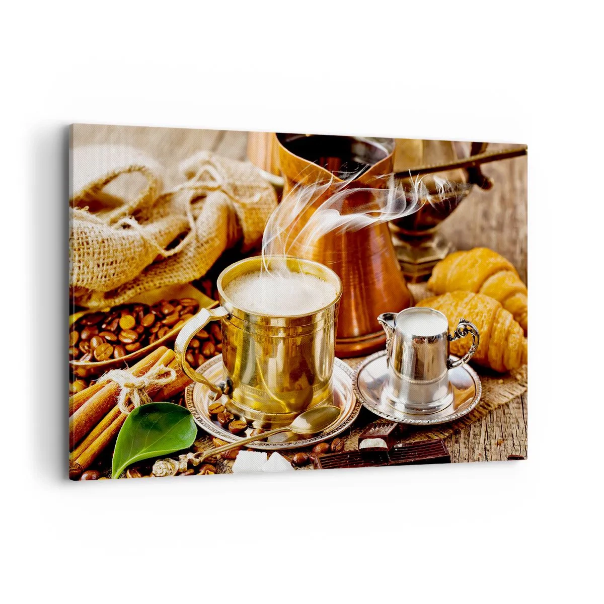 Impression sur toile - Image sur toile - Une tasse de café dorée entourée de grains, de cruches et de croissants - 120x80cm - Bonne journée! - Décoration murale moderne pour le salon et la chambre ARTTOR