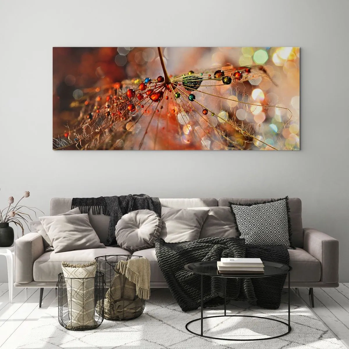 Impression sur verre - Image sur verre - Macrophotographie d'une goutte d'eau sur une plante délicate - 160x50cm - Enfilé sur un fil d'araignée - Décoration murale moderne pour le salon et la chambre ARTTOR