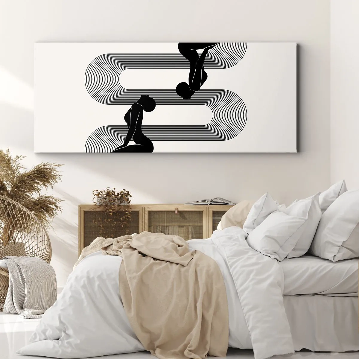 Impression sur toile - Image sur toile - Silhouettes noires avec des lignes géométriques sur fond clair - 120x50cm - Symétrie sensuelle - Décoration murale moderne pour le salon et la chambre ARTTOR