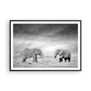 Affiche dans un cadre noir - Poster - Deux éléphants sur fond de savane africaine - 100x70cm - Le gris est beau - Décoration murale moderne pour le salon et la chambre ARTTOR