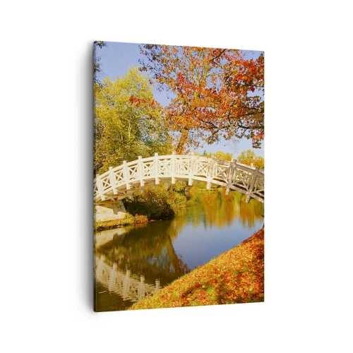 Impression sur toile - Image sur toile - Un pont dans un parc entouré de feuilles d'automne sur une eau calme - 50x70cm - Sur le pont blanc des soupirs - Décoration murale moderne pour le salon et la chambre ARTTOR
