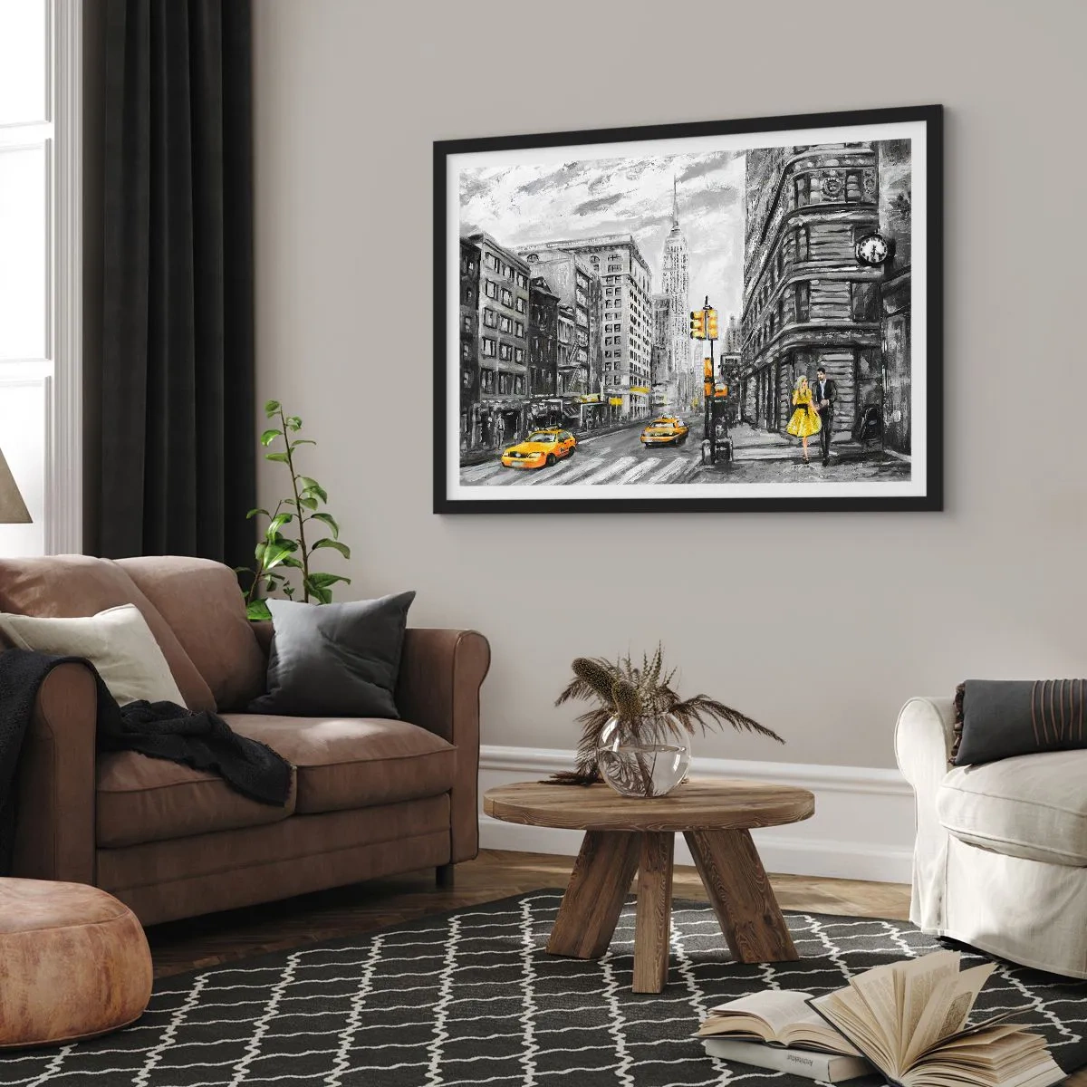 Affiche dans un cadre noir - Poster - Rue de New York aux accents jaunes - 70x50cm - Une histoire new-yorkaise - Décoration murale moderne pour le salon et la chambre ARTTOR