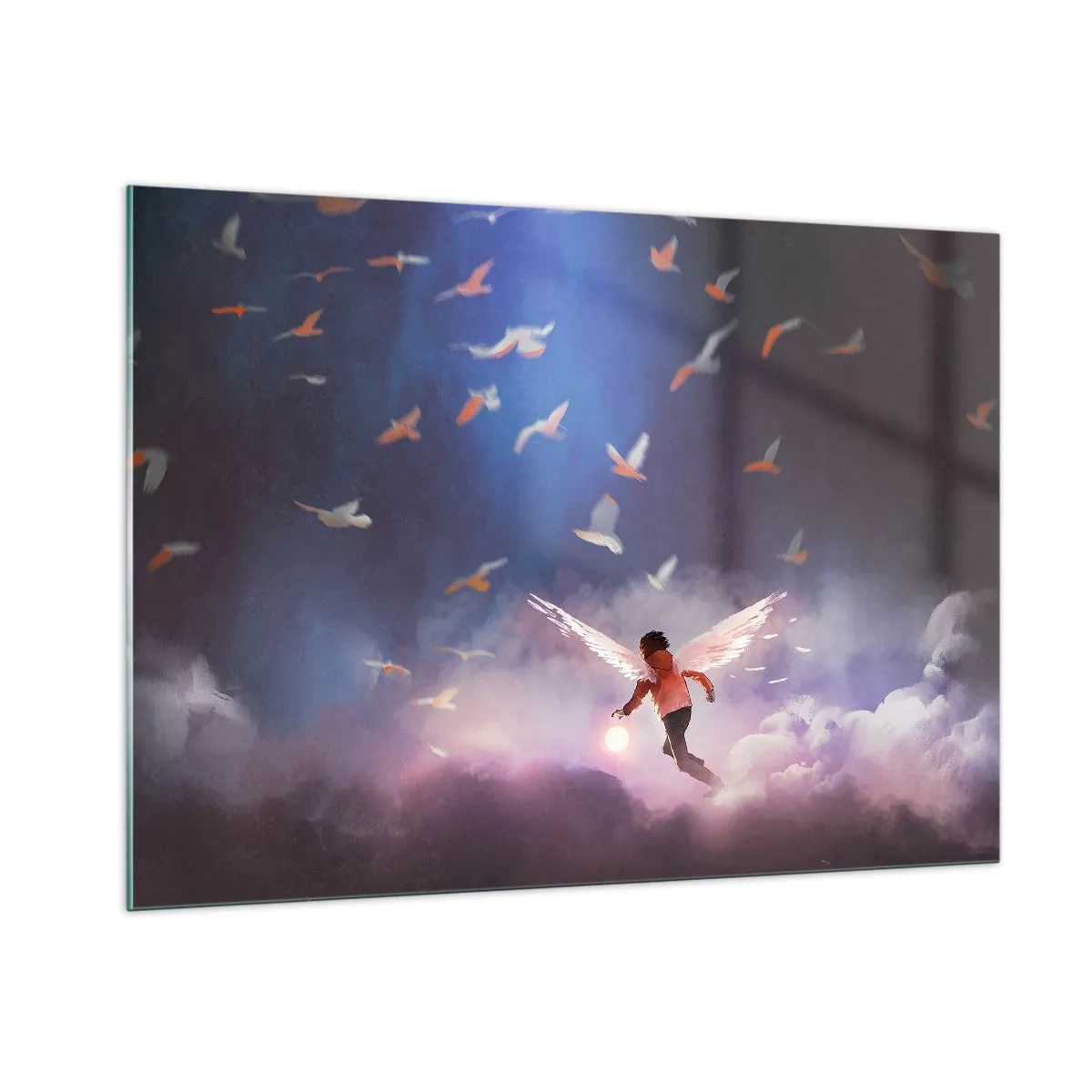 Impression sur verre - Image sur verre - Une silhouette avec des ailes d'ange flottant parmi les nuages - 100x70cm - Il faut de l'imagination et du courage - Décoration murale moderne pour le salon et la chambre ARTTOR