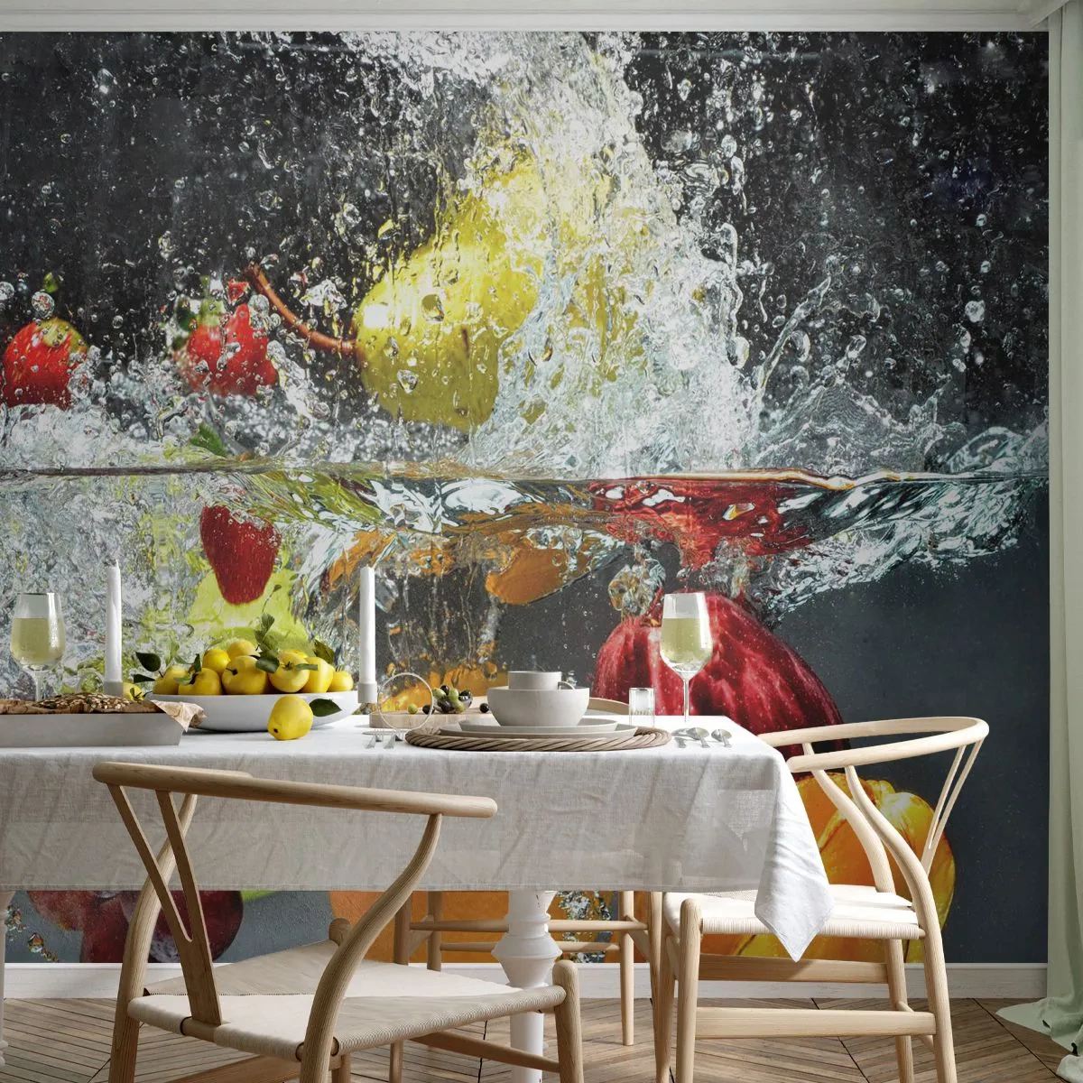 Papier Peint Photo Premium Sand - Fruits colorés tombant dans l'eau dans une composition dynamique - 100x70cm - Rafraîchissement fruité - Décoration murale moderne pour le salon et la chambre ARTTOR