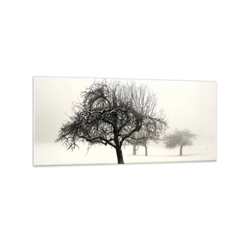 Impression sur verre - Image sur verre - Arbres dans un champ enneigé entouré de brouillard - 120x50cm - Un rêve hivernal - Décoration murale moderne pour le salon et la chambre ARTTOR