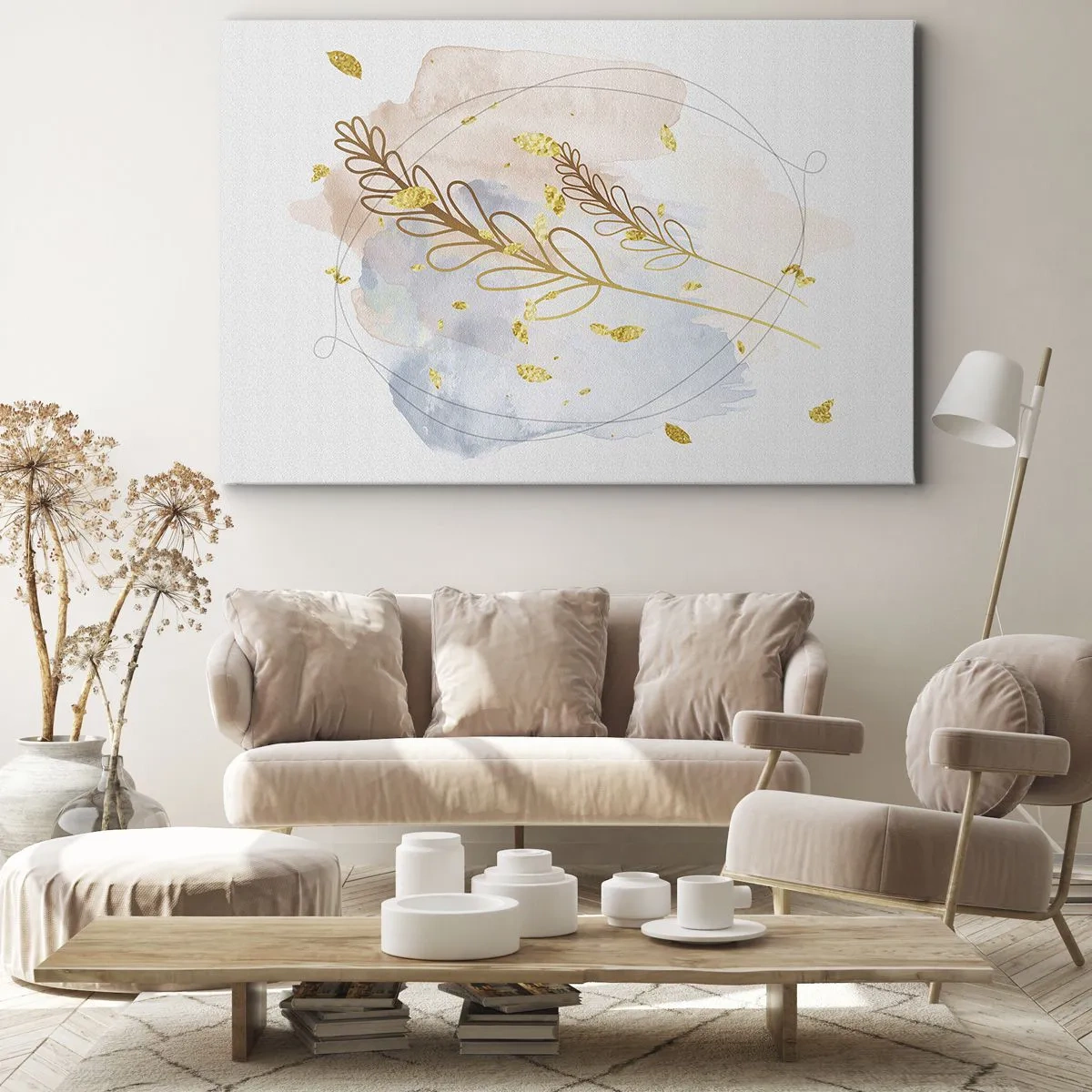Impression sur toile - Image sur toile - Un délicat motif de feuille dorée sur un fond pastel avec des détails aquarelles. - 100x70cm - Explosion d'or - Décoration murale moderne pour le salon et la chambre ARTTOR