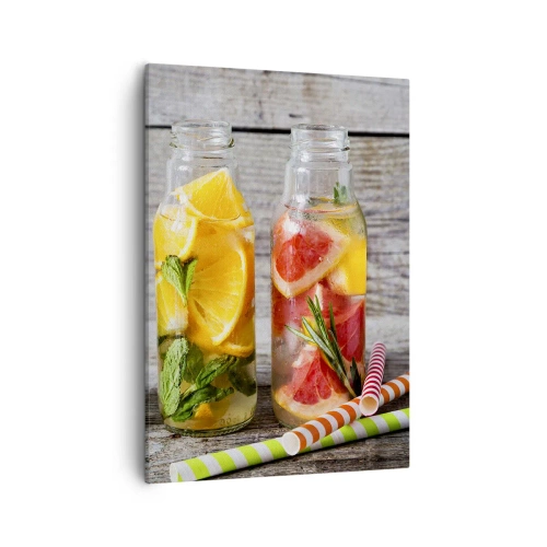 Impression sur toile - Image sur toile - Bouteilles d'eau fruitée et d'herbes sur fond de bois - 50x70cm - Sain par nature - Décoration murale moderne pour le salon et la chambre ARTTOR