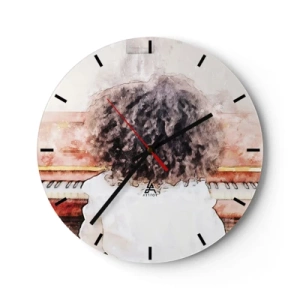 Horloge murale - Pendule murale - Un enfant jouant du piano, vu de dos dans un style artistique. - 30x30cm - Dans un nouveau monde - Décoration murale moderne pour le salon, la cuisine et la chambre ARTTOR