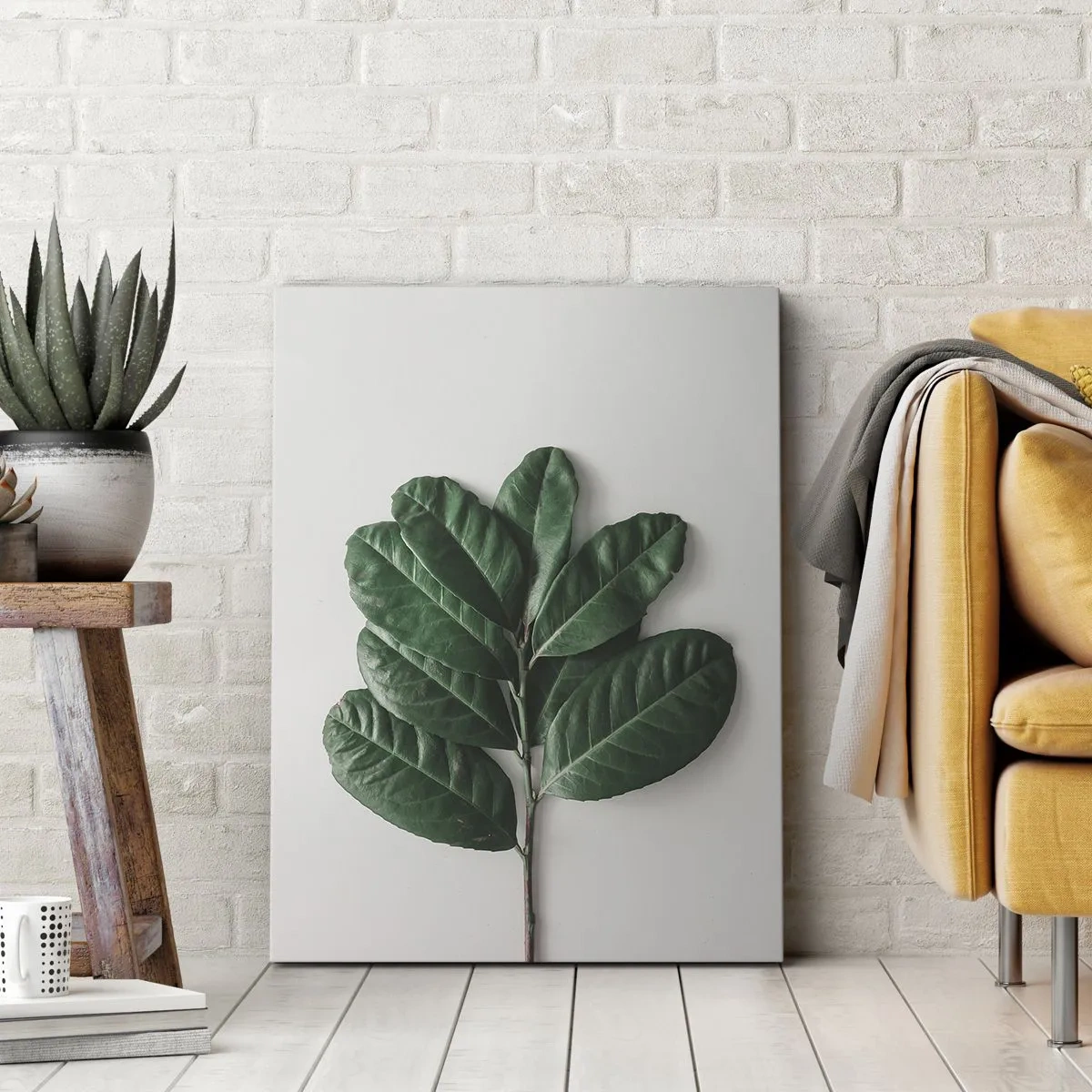 Impression sur toile - Image sur toile - Un brin de feuilles vertes sur un fond clair - 50x70cm - Dessin de la nature elle-même - Décoration murale moderne pour le salon et la chambre ARTTOR